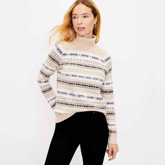 LOFT Striped Neutral Beige Fair Isle Turtleneck Sweater Women's Size Large L - Picture 1 of 12